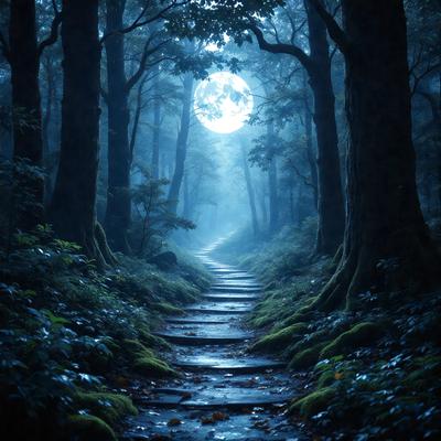 The primary subject of the image is a pathway in a forest, surrounded by trees and a moon in the sky. The setting is a forest with a moonlit night, creating a serene and peaceful atmosphere. The visual style is a digital art, with the pathway and trees depicted in a realistic manner. The colors and mood are predominantly dark, with the moonlight providing a soft glow, and the forest creating a sense of tranquility.